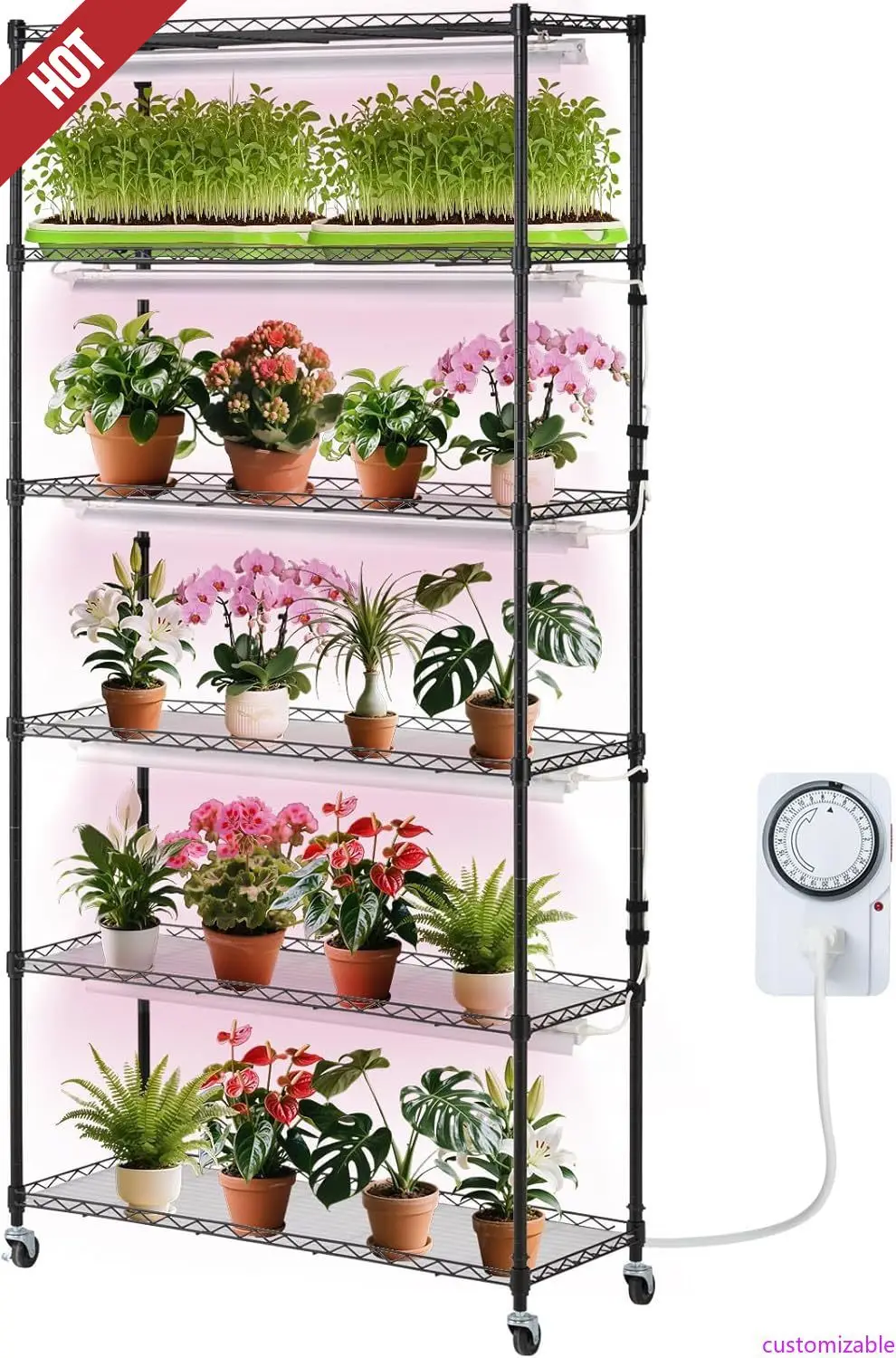 

Подставка для растений с подсветкой для выращивания растений, 6-уровневая большая высокая полка для растений с полным спектром 150 Вт, комнатный светодиодный светильник для растений