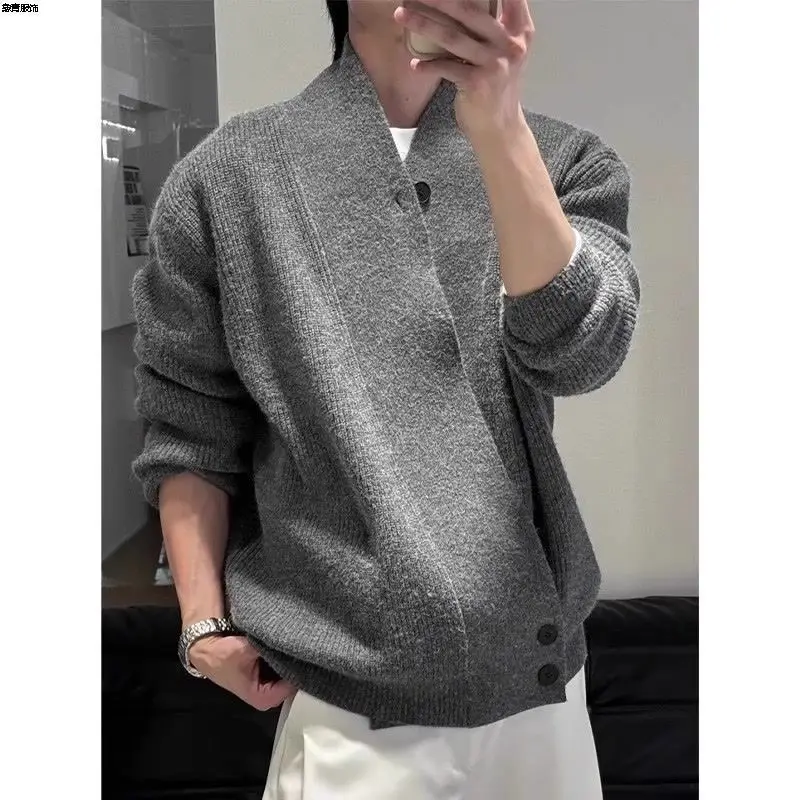 Cardigan Taoist Robe Sweater Men's Autumn Winter Style Loose Relaxed Flower Gray Sweater Jacket
