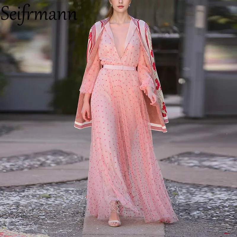 

Seifrmann Spring/Summer New Fashion Women's V-neck Mesh Polka Dot Waist Cinched Grand Swing Vacation Style Elegant Dress