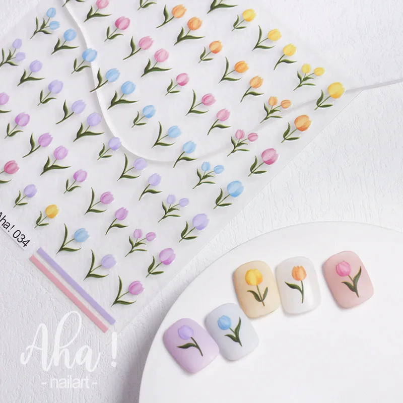 1pc Spring Summer Flower tulip Nail Art Stickers Rainbow Lovely Bear Self Adhesive Decals Nail Stickes 3D Manicure Designs #1