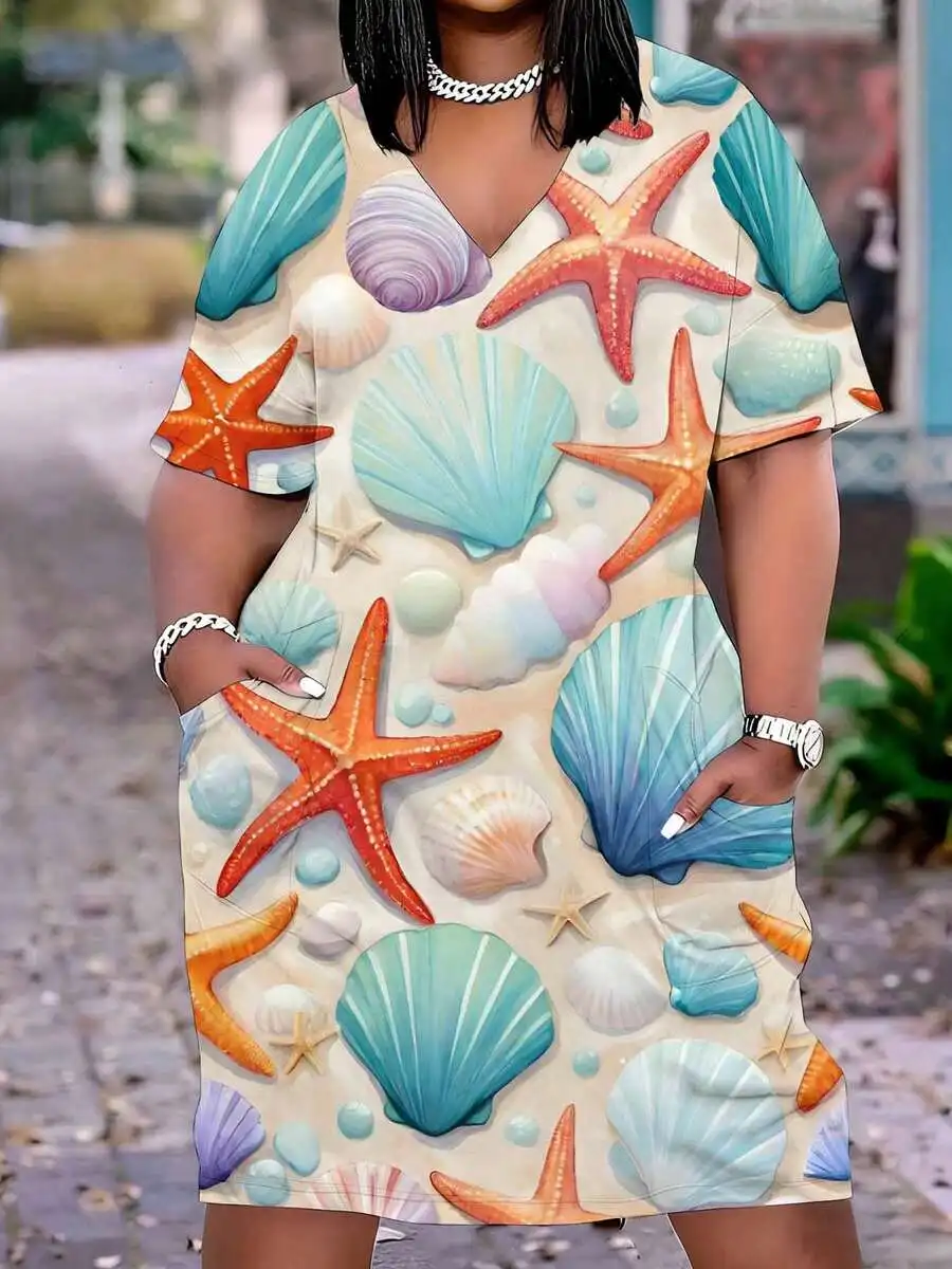 

Seashell And Starfish Print V Neck Dress Women Summer Beach Casual Outfit