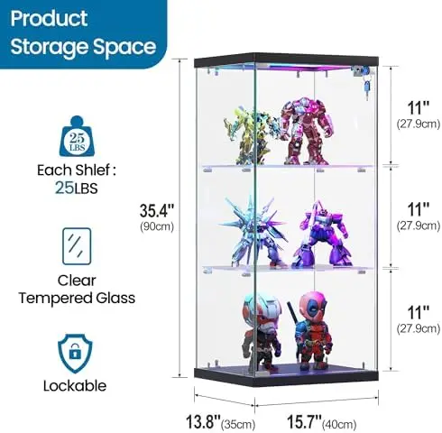 Glass Display Cabinet with Doors, 3-Tier Clear Curio Cabinet with RGB Lights for Collectibles, Figures, Books, 35.4" view 2