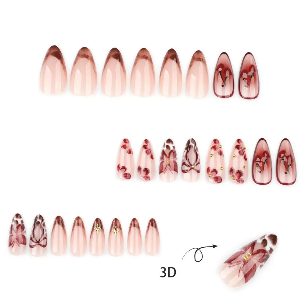 

24pcs Manicure Long Almond False Nails French Aurora Flower Press on Nails White Edge Detachable Nail Tips Women