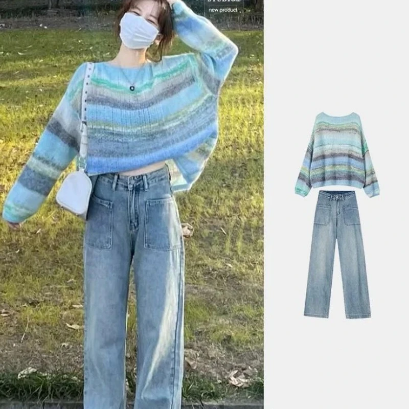 

Женский вязаный пуловер в синюю полоску на весну и осень, джинсовые брюки, комплект из двух предметов, женский повседневный свободный свитер, джинсовая одежда 2025