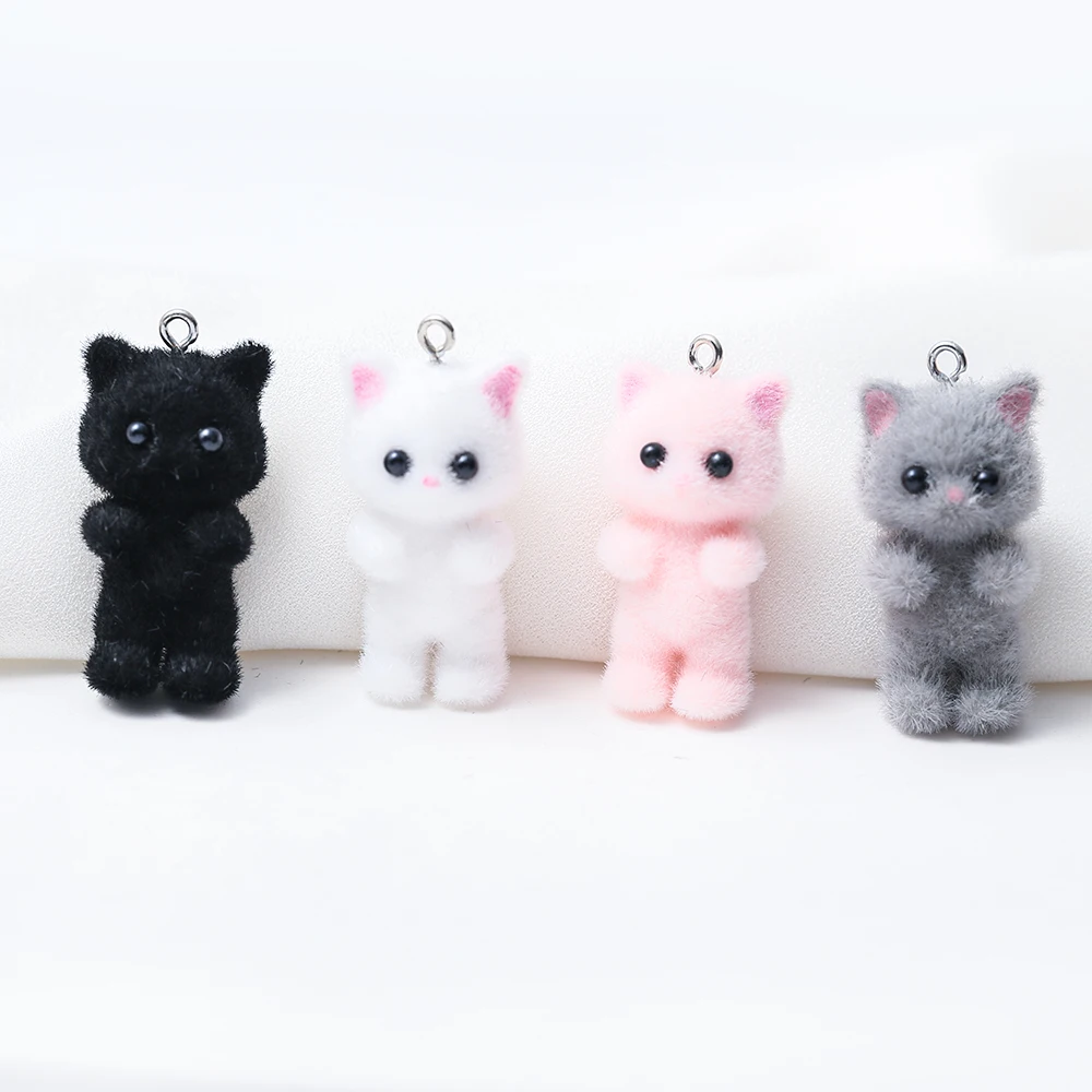 4PCS Kawaii Cat Pendant 3D Fluffy Flocking Animal Cat Charms Miniature Dolls Keychain Necklace Pendant DIY Crafts Jewelry Make