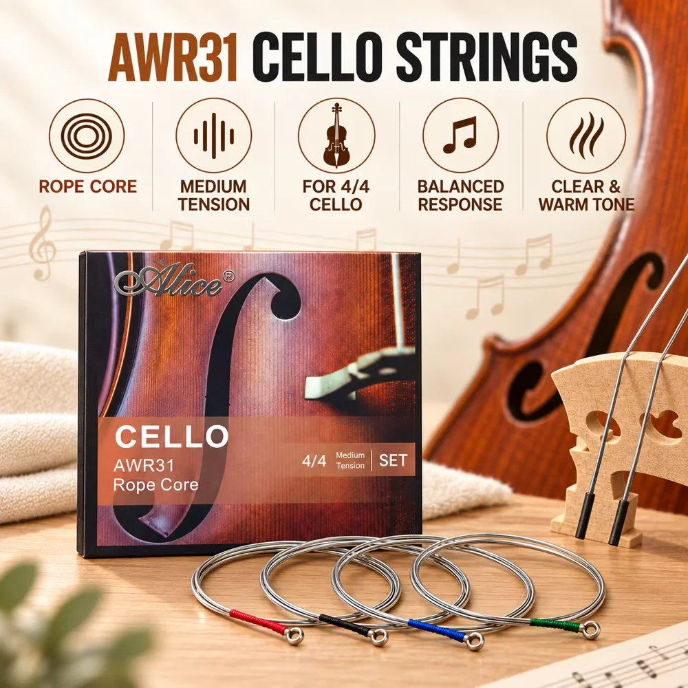 Alice 4/4 Cello Strings AWR31 High Quality Medium Tension Set Rope Core Formulated for Excellence