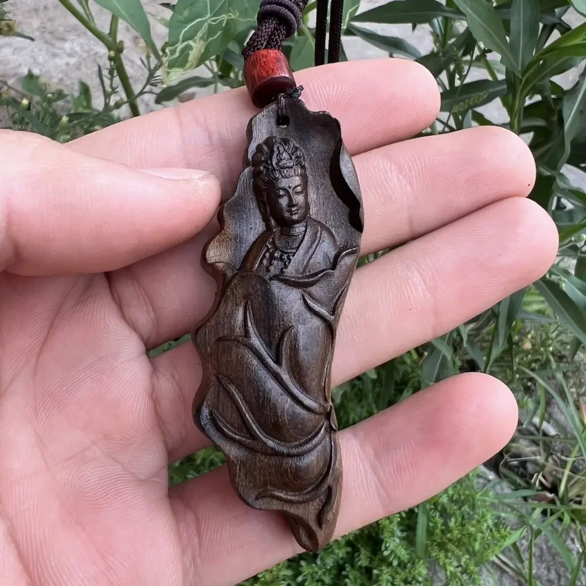 

Positive District Tarakan Agarwood Carved Guanyin Relief Sculpture Lotus with Shape Customization Pendant Necklace Couple Style