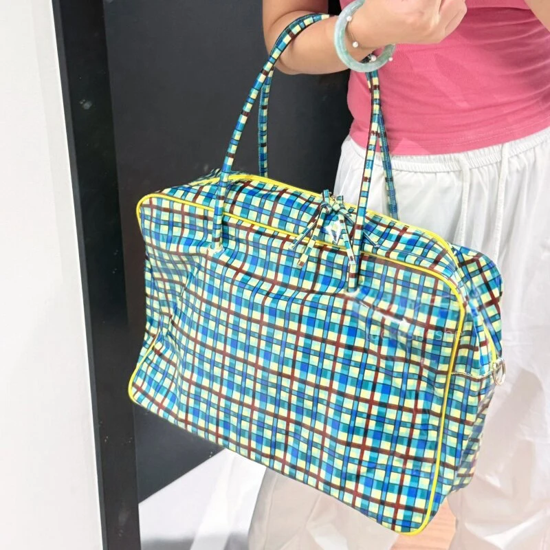 Karierte Schultertasche, Damen-Tragetasche mit großem Fassungsvermögen, minimalistische gelb-grüne Colorblock-Reisetasche mit Tragegriff – Detail 13