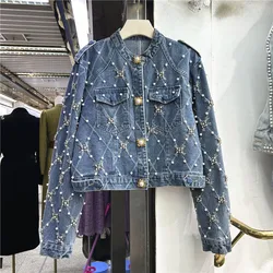 Beading Diamonds Pocket Stand Collar Denim Jacket Women Cowboy Outerwear Chaqueta Mujer Casual Slim Short Jeans Jacket Female