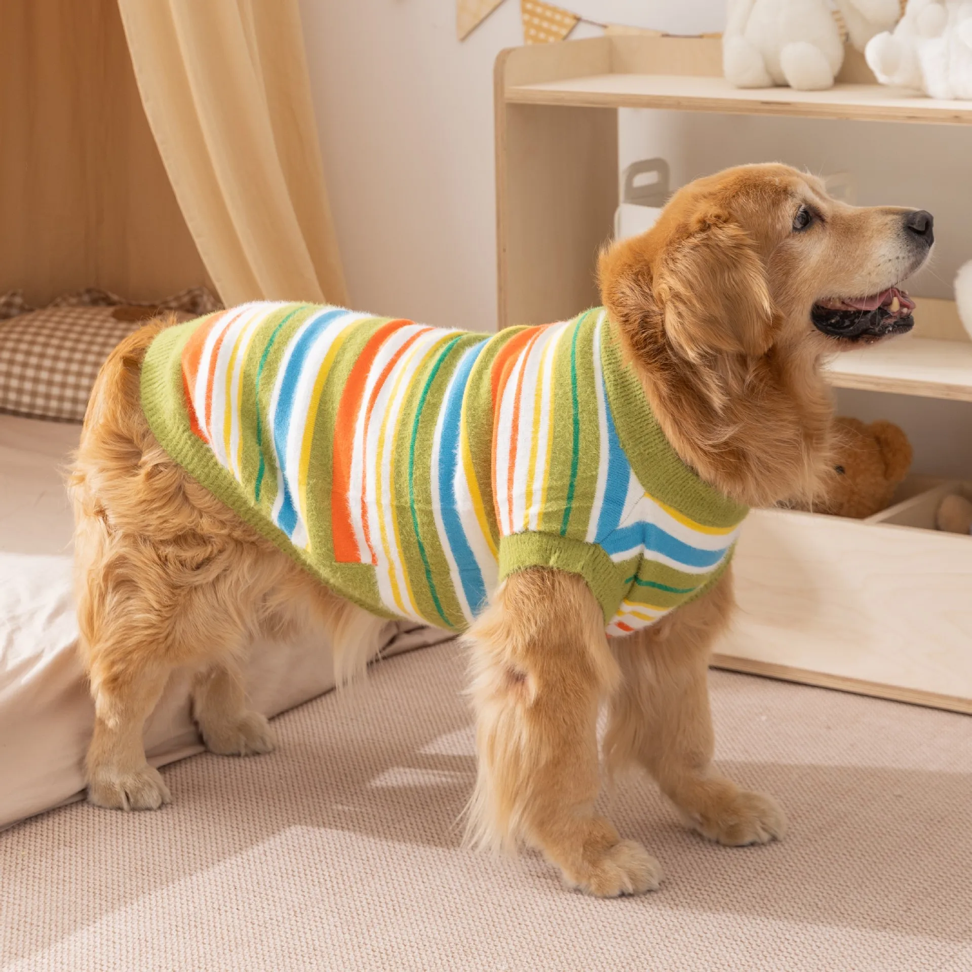 Large Dog Sweater Winter Warm Knit Striped Pullover Sleeveless Two Legs Clothes For Golden Retriever Labrador Husky For Big Dogs