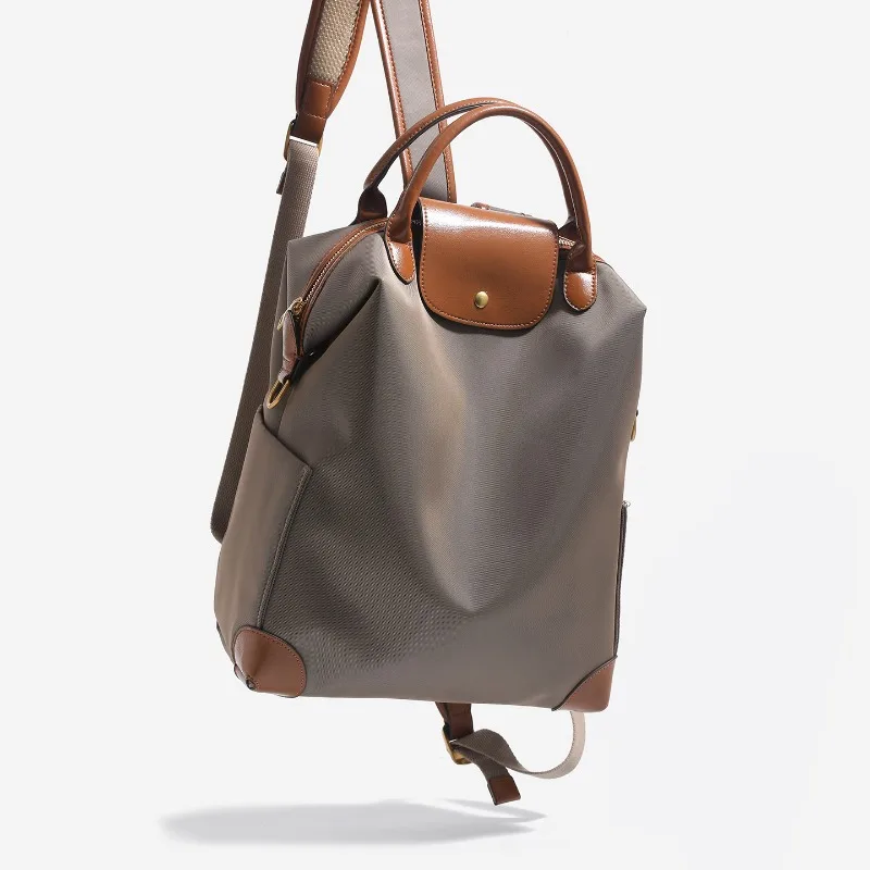 Waterproof Nylon Backpack For Women Faux Leather Trim Snap Button Top Handle Multi Pocket Travel Daily Shoulder Bag