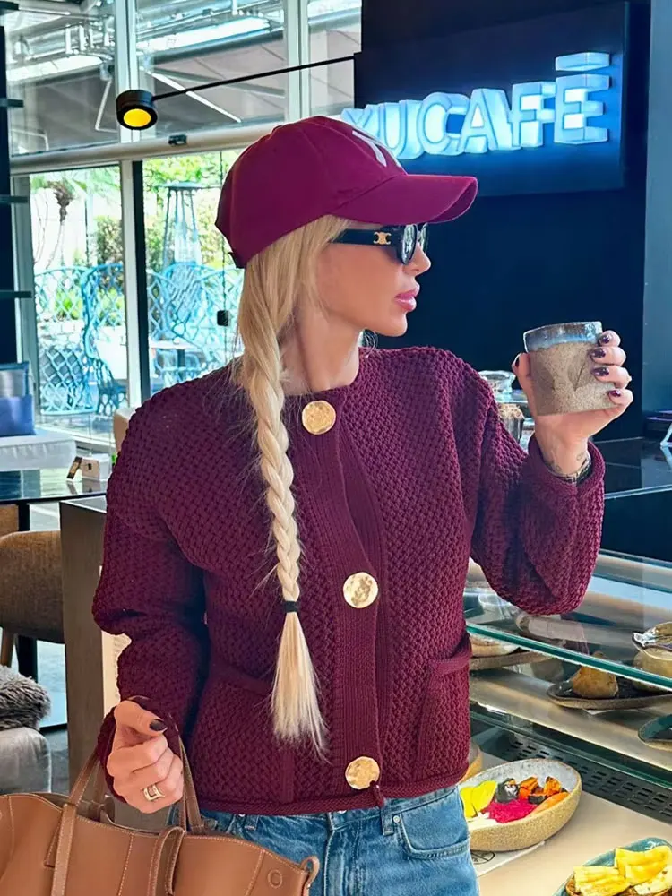 

HH 2024, осенние женские модные вязаные бордовые пальто, однотонные однобортные свободные повседневные уютные кардиганы с длинными рукавами и круглым вырезом