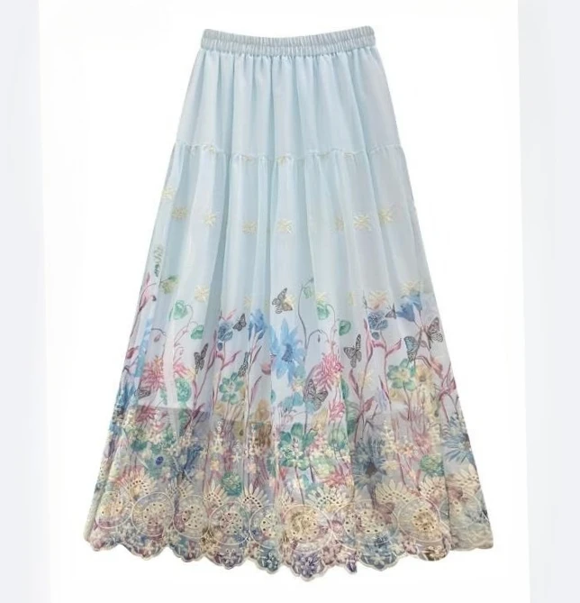 

Sweet French Romantic Print Embroidered Mesh Skirt Women 2025 Spring Summer Slim A Line Long Skirt