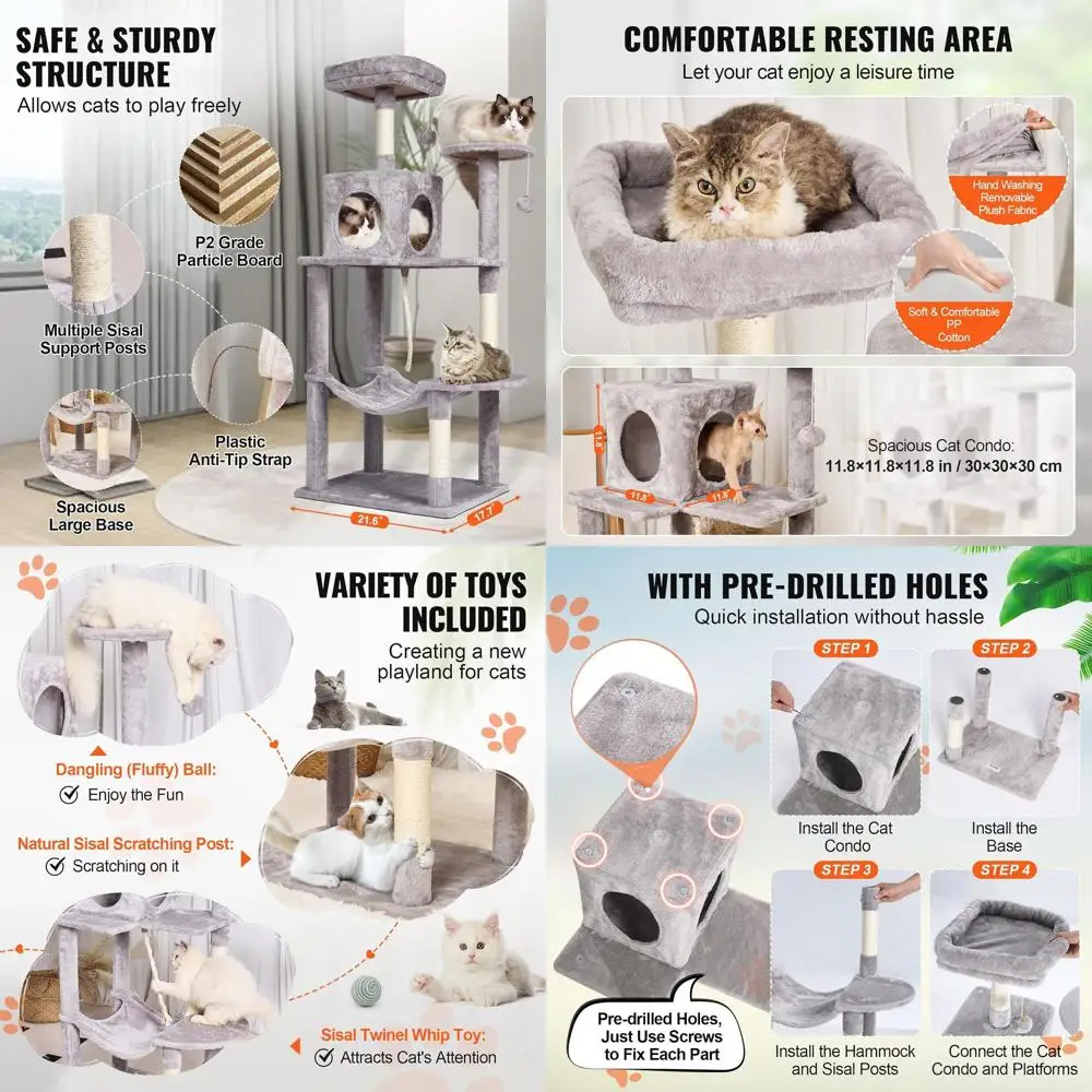 

56.2 Grey Indoor Cat Tree with Condo, Scratching Post, Hammock, Perches, and Play Platforms
