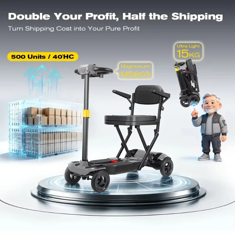 Easy Folding 15kg Dual Battery NFC Magnetic Charge 500pcs 40HQ CE Certified Handicap Mobility Scooter