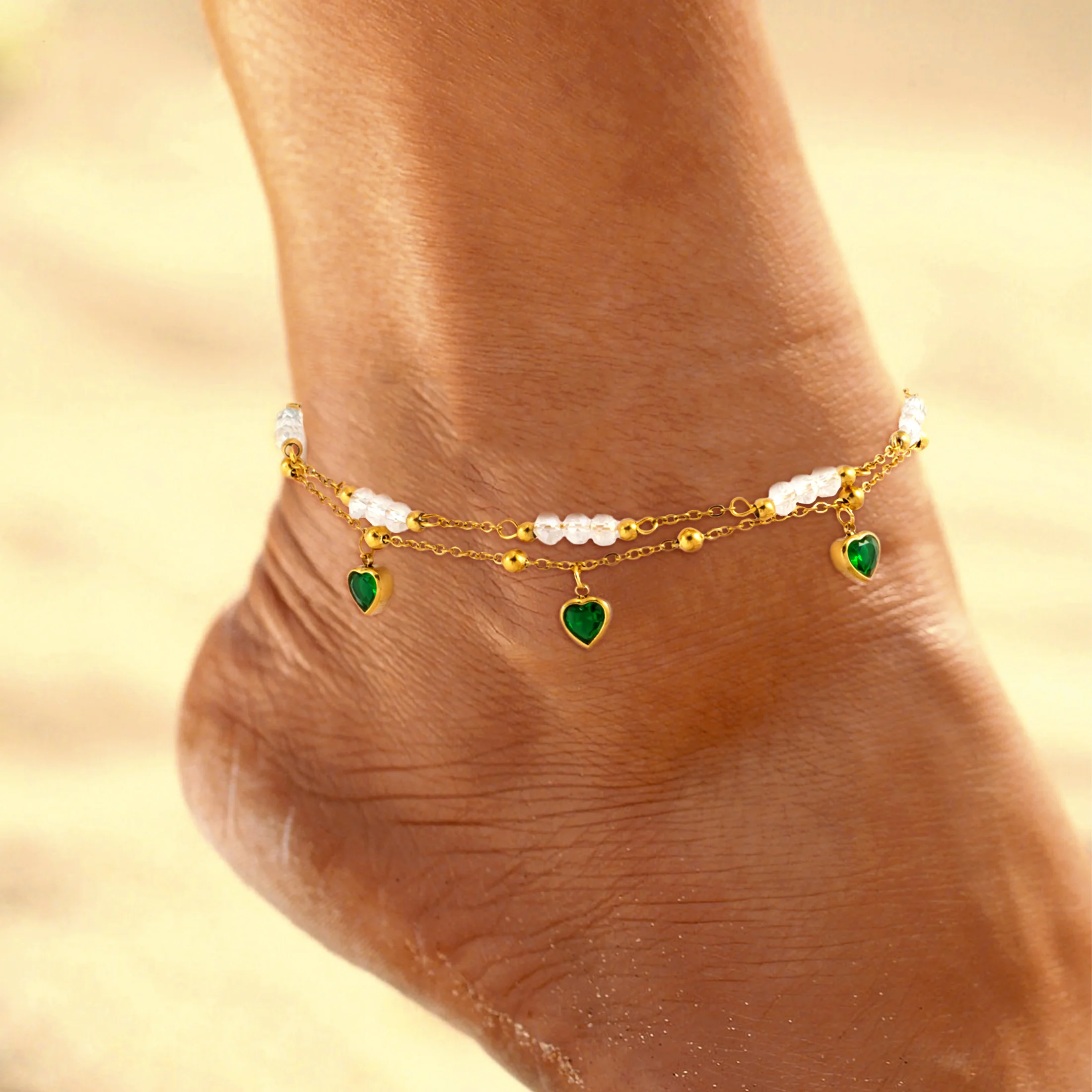Smaragd-Anhänger mit mehreren Schichten aus Kristallperlen, modischer Schmuck aus Edelstahl für Damen, Geschenk, Sommer-Strand-Fußkettchen