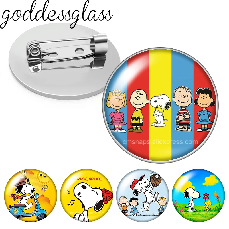 Niedliche Snoopy und Freunde lustige Aktionen Meme Foto Glas-Cabochon Brosche Anstecknadel Tasche Kleidung Denim Jeans Reversnadel Abzeichen
