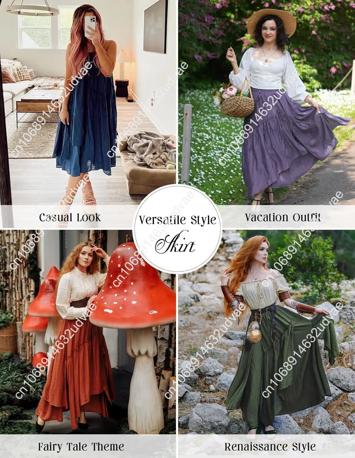 Scarlet Darkness Women Renaissance Layered Long Skirt Elastic High Waist Tiered Skirt with Pockets