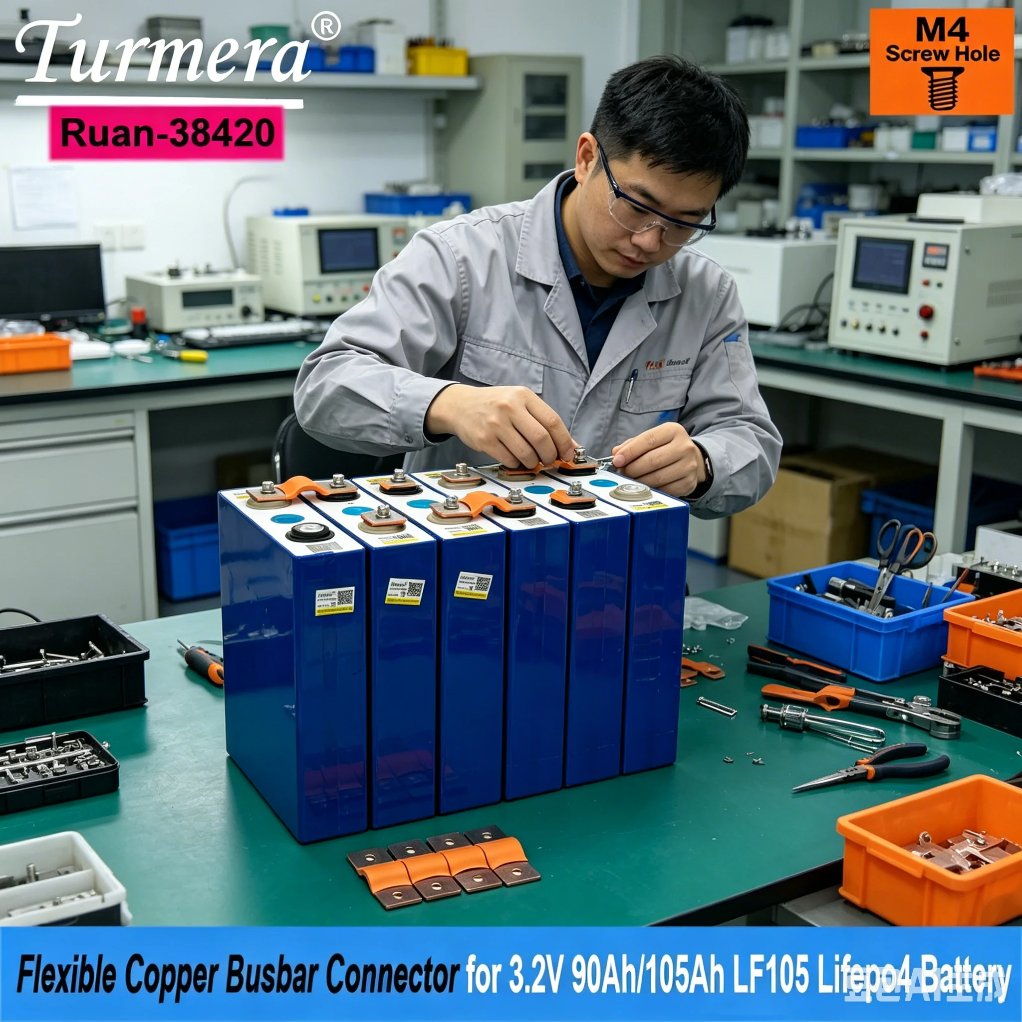 Turmera 12V Lifepo4 24V 48V Battery Flexible Copper Busbar Connector 38mm 2mm 300A M4 Screw for 3.2V EVE LF90 LF105 Cell DIY Use