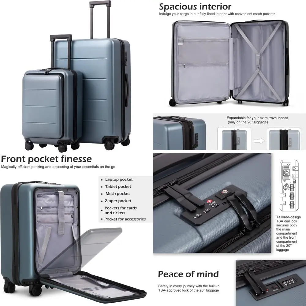 مجموعة حقائب سفر بعجلات دوارة ABS+PC مع جيب، حقيبة عطلة نهاية الأسبوع، كحلي ليلي، مجموعة أمتعة مكونة من قطعتين