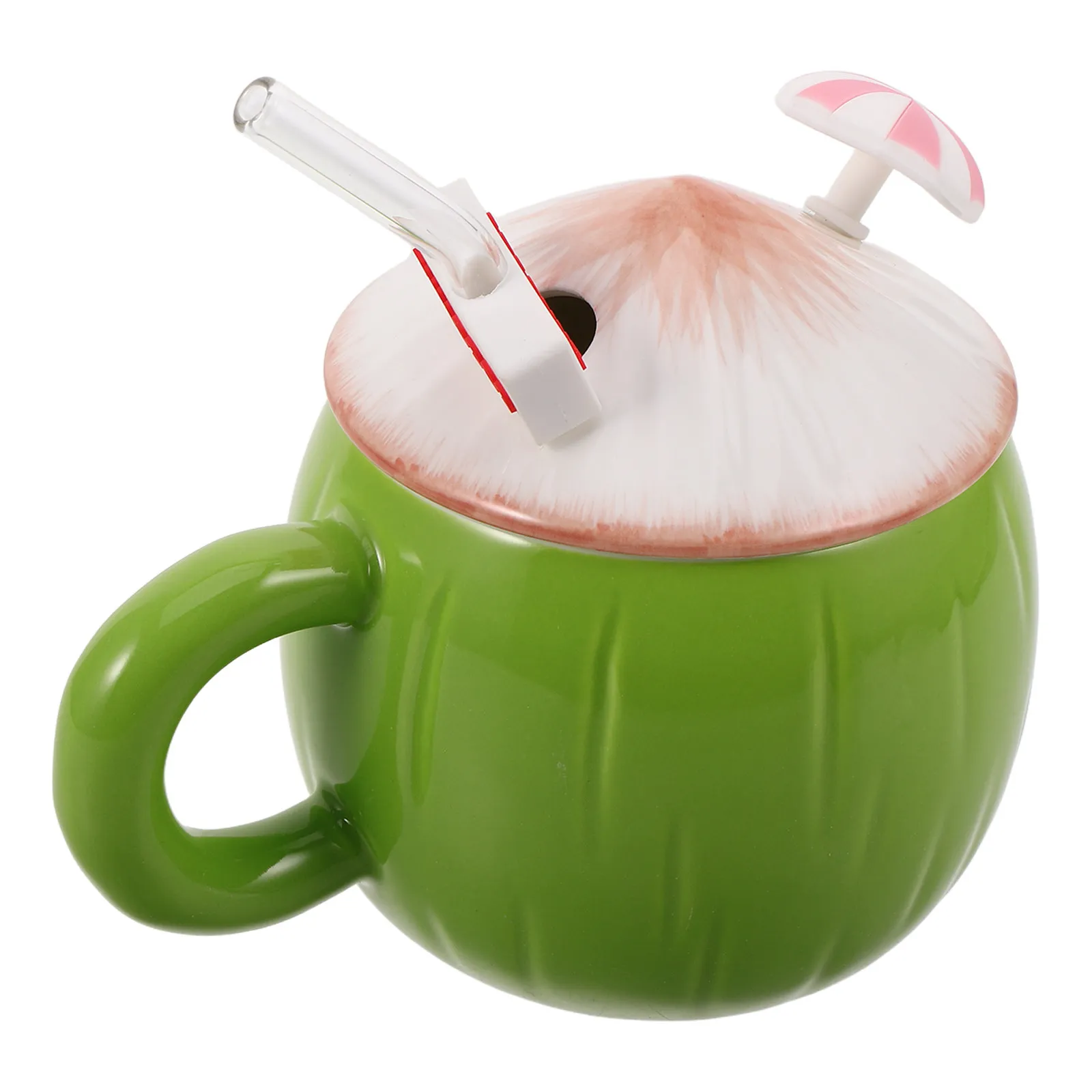 Novelty Hawaiian Coconut Shape Ceramic Mug Lid Straw Fun Cereal Snack Cocktail Pool Party Favor Tiki Luau Decoration Cute Women