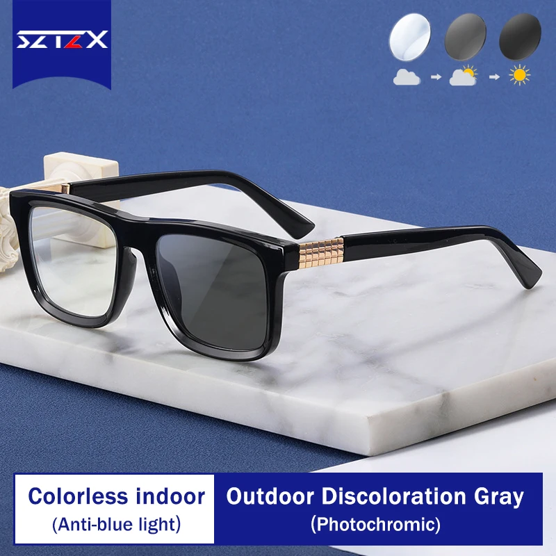 

SZTZX New Fashion Square Male Myopia Glasses Frame Anti-Blue Ray TR Reading Glasses Photochromic Sports Prescription Eyeglasses