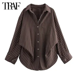 TRAF Women 2024 Shirts & Blouses Autumn Oversize Striped Shirt Elegant Blouses Long Sleeve Shirts Fashion Casual Shirt Top Women