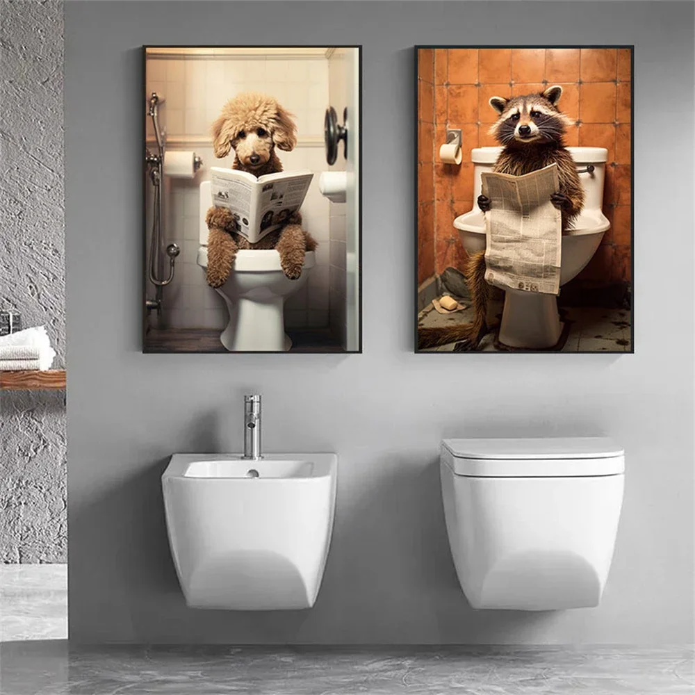 Funny Animals Toilet Posters And Prints Reading Newspaper Dog Wall Art Canvas Painting Nordic Wall Pictures Bathroom Home Decor