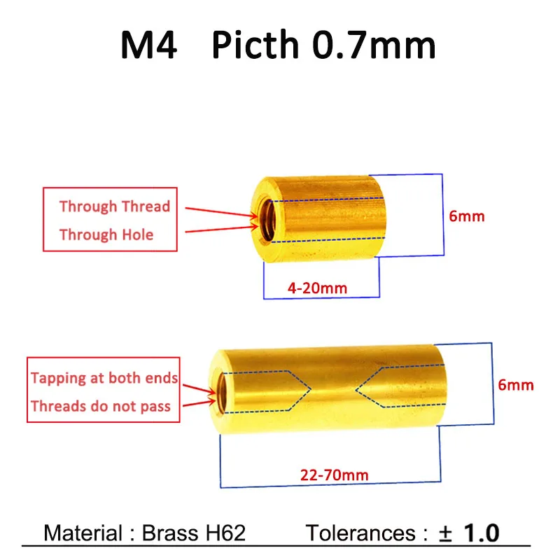 5pcs M4 Brass Round Coupling Nut Female Thread Cylindrical Stud Standoff Sleeve Double Pass Hollow Pillar Width 6mm L=10-50mm