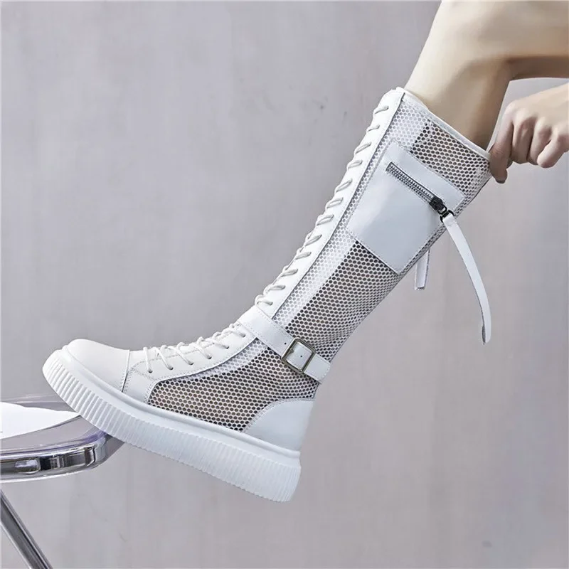 2024 White Long Cowhide Leather Boots Women's Summer Thin Breathable Mesh Hollow Knight Boots Platform Mesh Boots Fashion Shoes