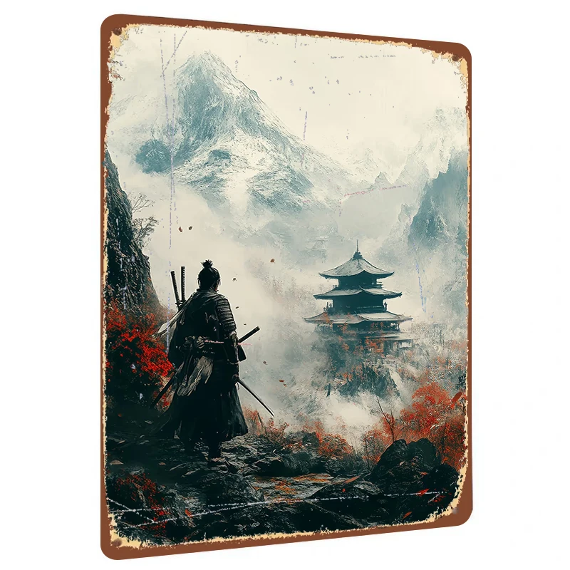 Samurai Warrior Viewing Ancient Pagoda in Misty Mountain Landscape Custom Metal Wall Art Decor