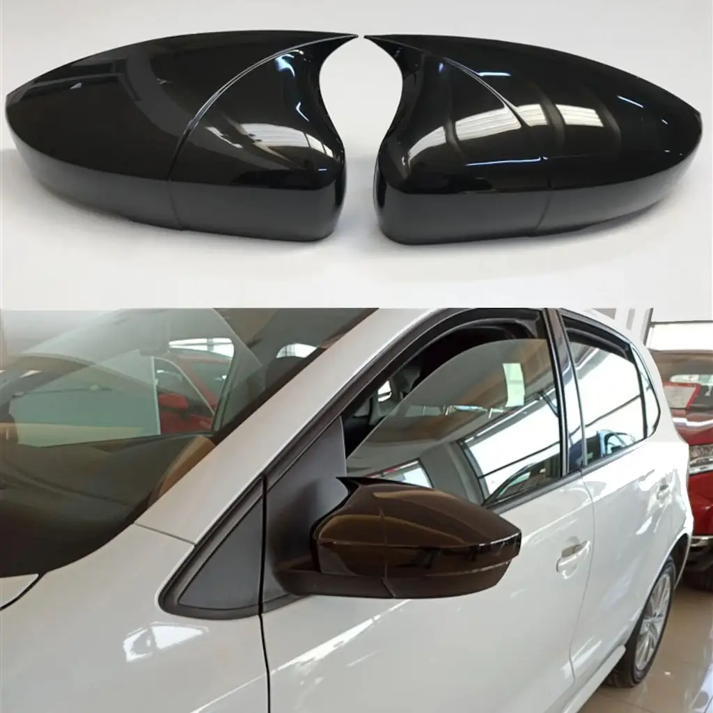 For Volkswagen Polo 6R 6C 2009-2017 ABS Plastic Bat Wing 2 Pieces Mirror Covers Caps Rearview Mirror Case Cover Gloss Black Good