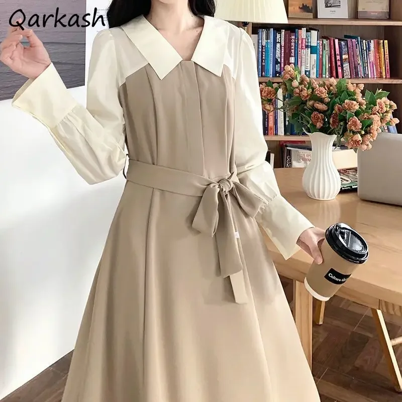 Preppy Style Dresses Women Loose Sweet  French Vintage Designed Fake Two Pieces Clean Girls A-line Turn-down Collar Chic