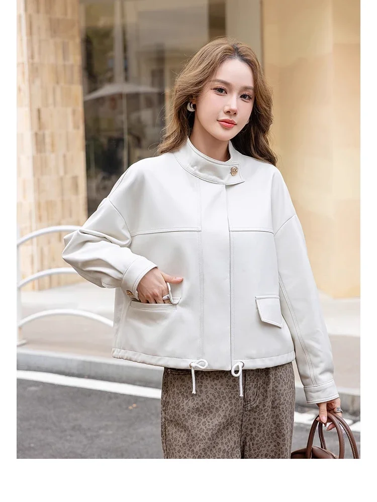 

Casual Short Genuine Leather Jacket for Women Spring Autumn 2026 New High-end Simple Stand Collar Soft White Real Sheepskin Coat