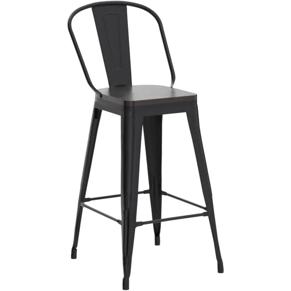 30" Swivel Metal Bar Stools Set of 4 Bar Height Barstools Industrial High Back Bar Chairs with Large Wooden Seat Matte Black