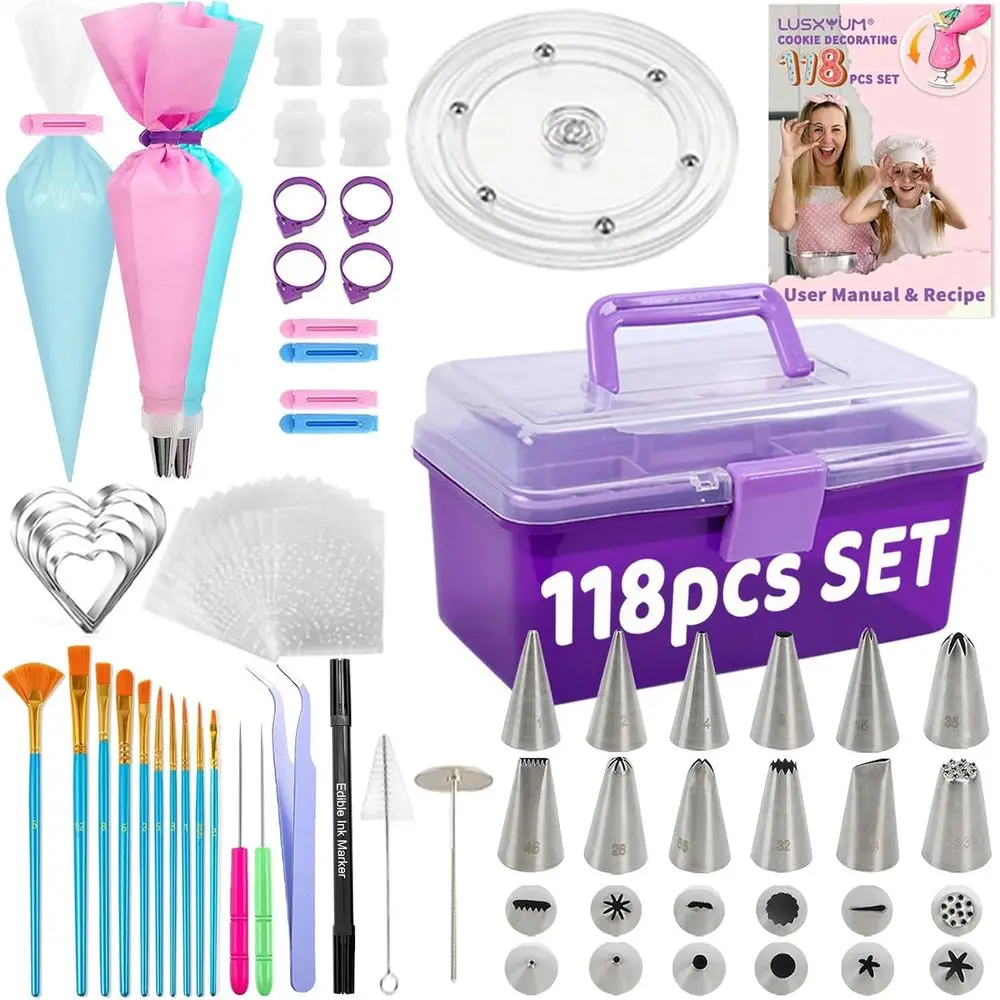 

Cookie ting Kit 118pcs with Storage Case, Sugar Piping Bags and Tips Icing Supplies Set, Turntable Scribe tion Tools for Kids &