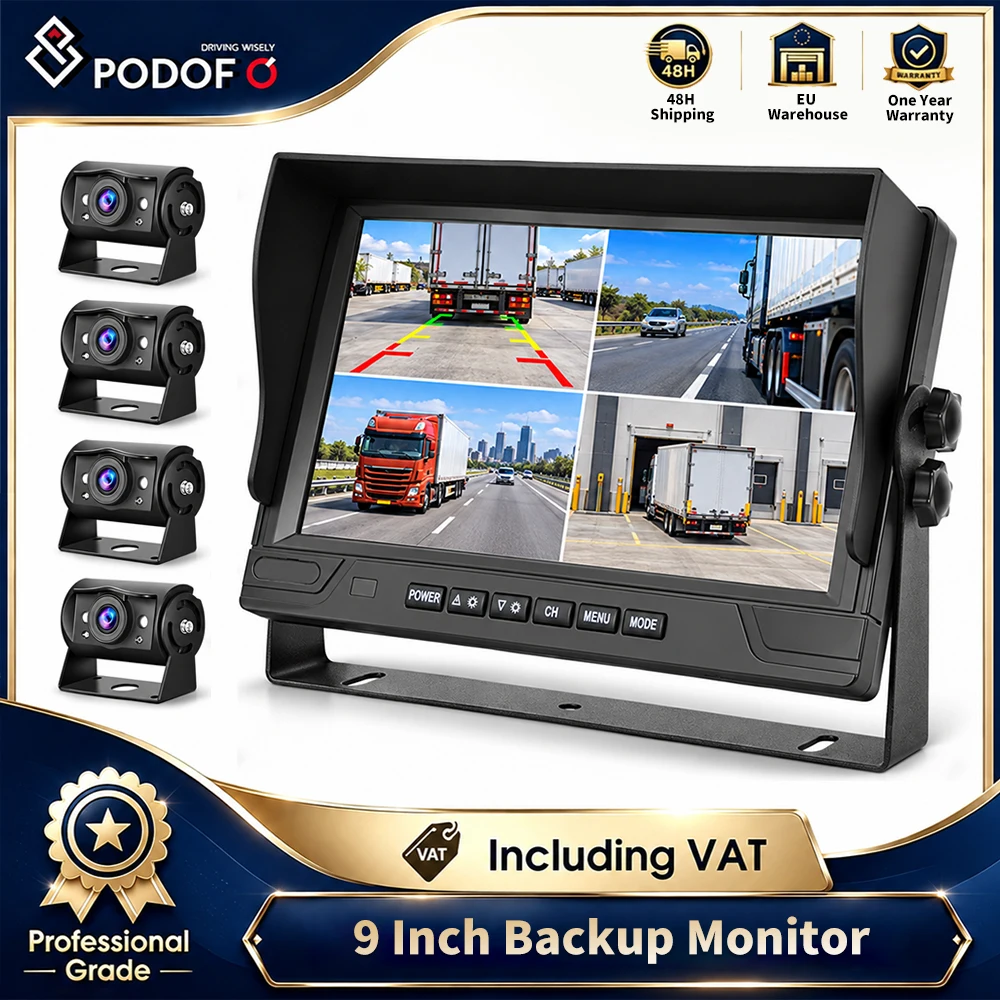 Sistema di telecamere di retromarcia cablate con monitor IPS HD da 9'' Podofo, dotato di 4 telecamere impermeabili a infrarossi 1080P per visione notturna, DVR con registrazione in loop e schermo