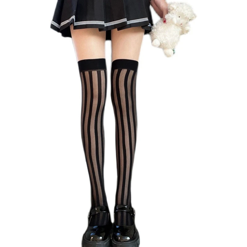 

Women Sheer Sexy Stockings Vertical Stripe Thigh High Stockings Over Knee Socks JK Uniform Thigh Socks T8NB