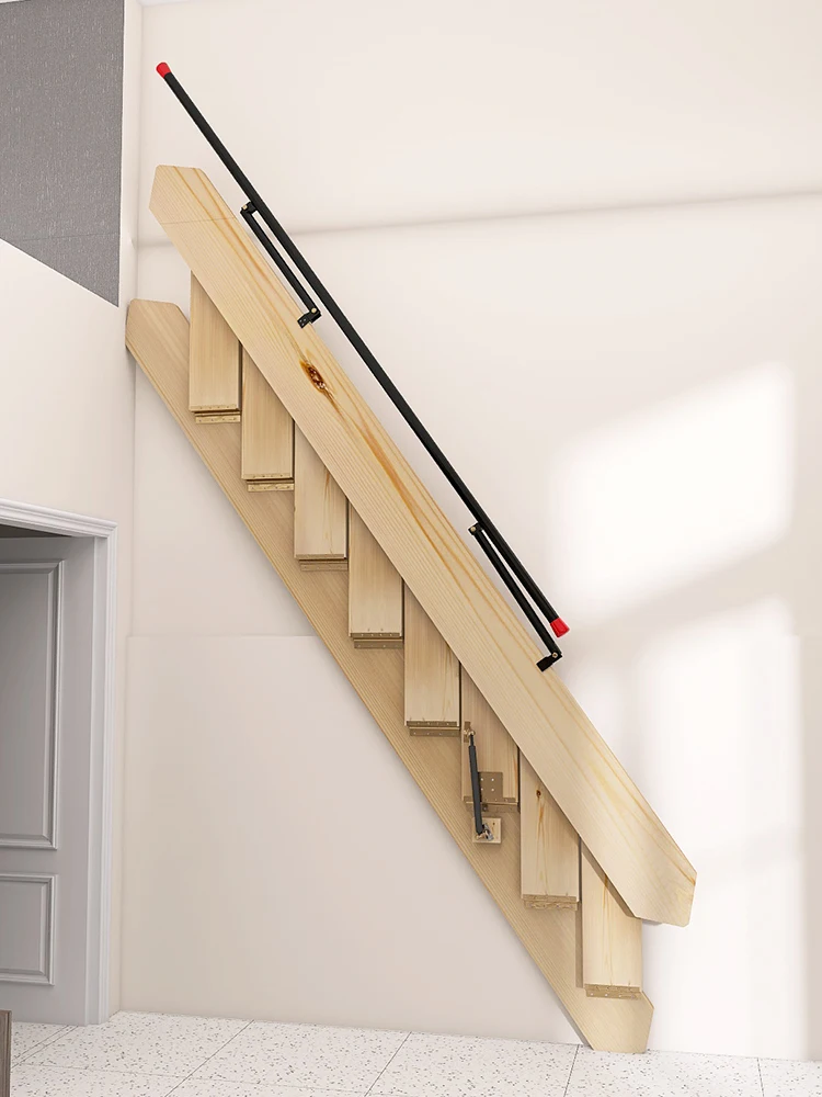 Side wall-mounted folding staircase against the wall home wall-mounted solid wood ladder attic apartment telescopic invisible la