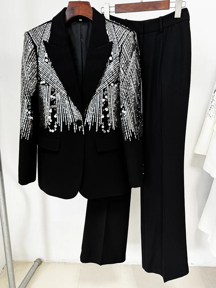 HIGH Quality White Beaded Embroidery Sequins Pants Sets Women 2 Piece Outfits Blazer Pantsuits for Women Suits Outfits Black