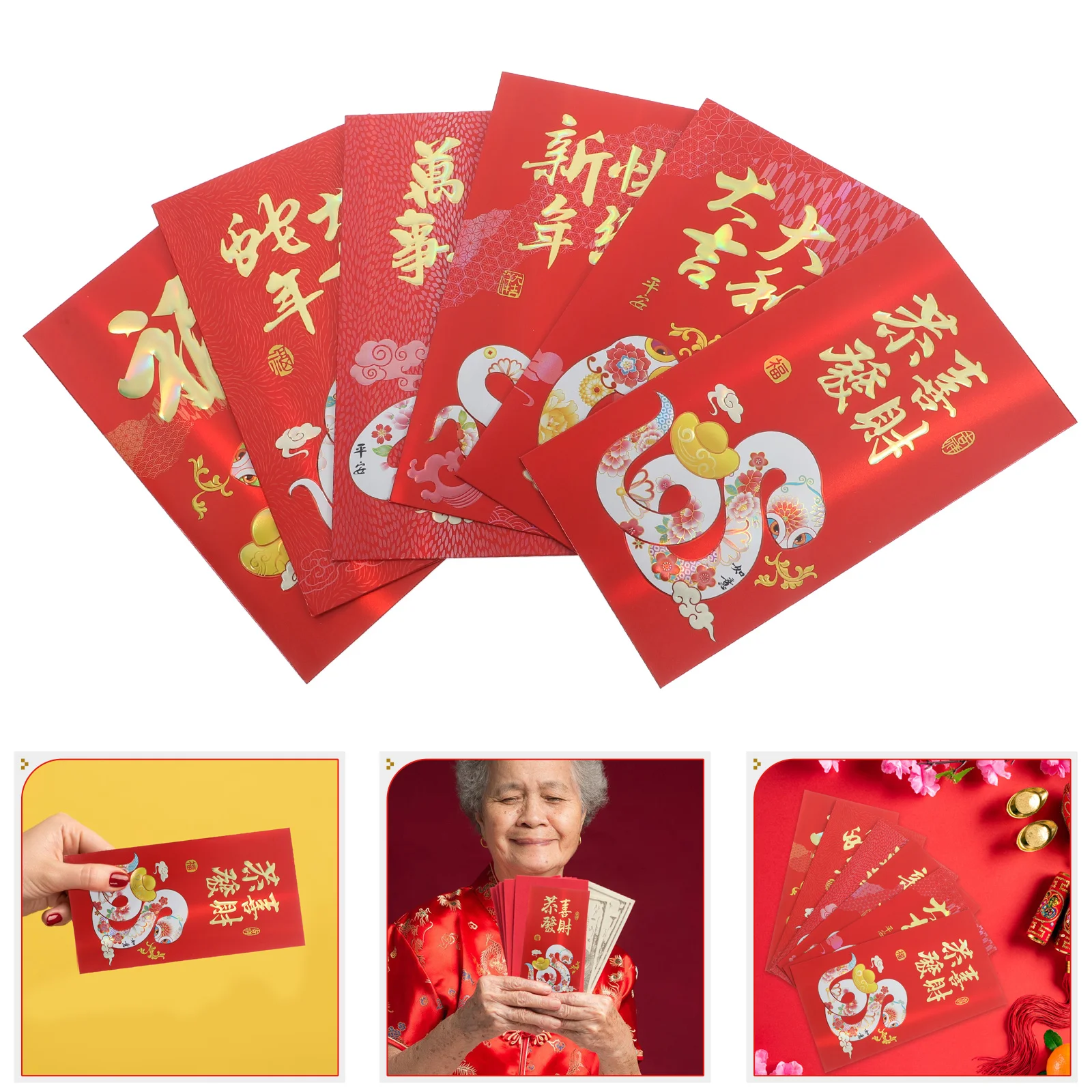 

6 шт., китайский Новый год, 2025 г., змеиные красные конверты, пакеты Hong Bao, традиционные праздничные торжества, прекрасная печать, очаровательный мультфильм