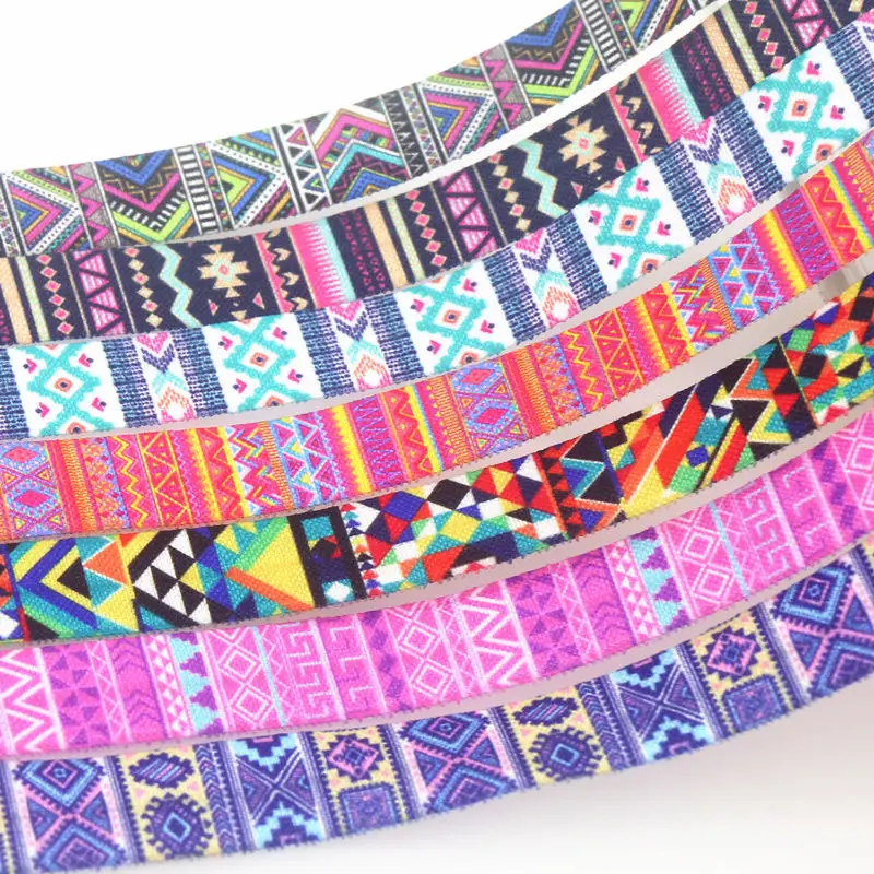 DHK 5/8'' 50yards Tribal Plaid Folk-custom Printed Fold Elastic FOE Stretch Ribbon Hairbow Accessories Craft DIY Sewing S1806