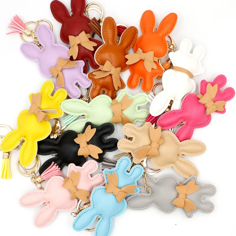 Creative cute pu leather cotton-filled doll rabbit keychain Macaron color bag pendant car key jewelry living room decoration
