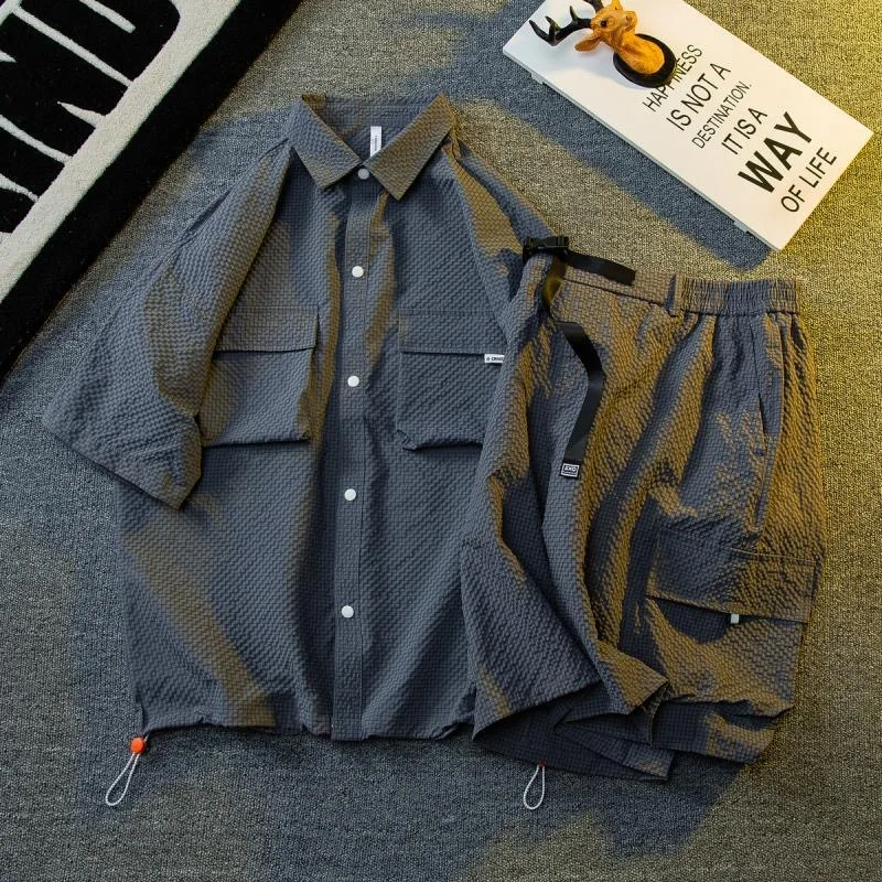 Summer New Fashion Trendy American Retro Short Sleeve Shirt Set for Men's Casual Loose Sports Breathable Large Two Piece Set