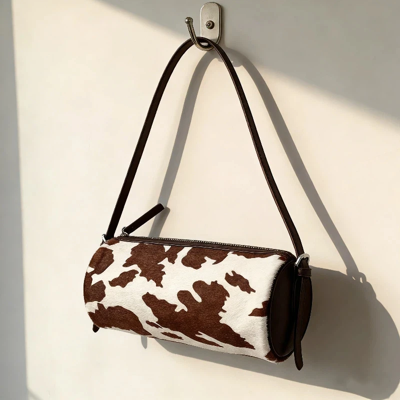 

Роскошная женская сумка с цветными блоками, сумка через плечо с коровьим узором, регулируемая сумка через плечо, цилиндрическая высококачественная сумка из конского волоса