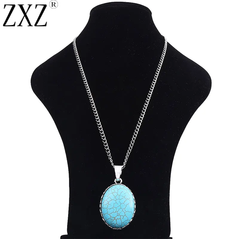 ZXZ 1 Piece Antique Silver Large Faux Turquoise Stone Oval Charm Pendant Long Curb Chain Necklace Lagenlook 34