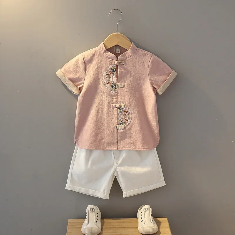 2025 3 colori abbigliamento tradizionale cinese per ragazzi Confucio Hanfu ricamo Tang Suit Capodanno Outfit manica corta estate