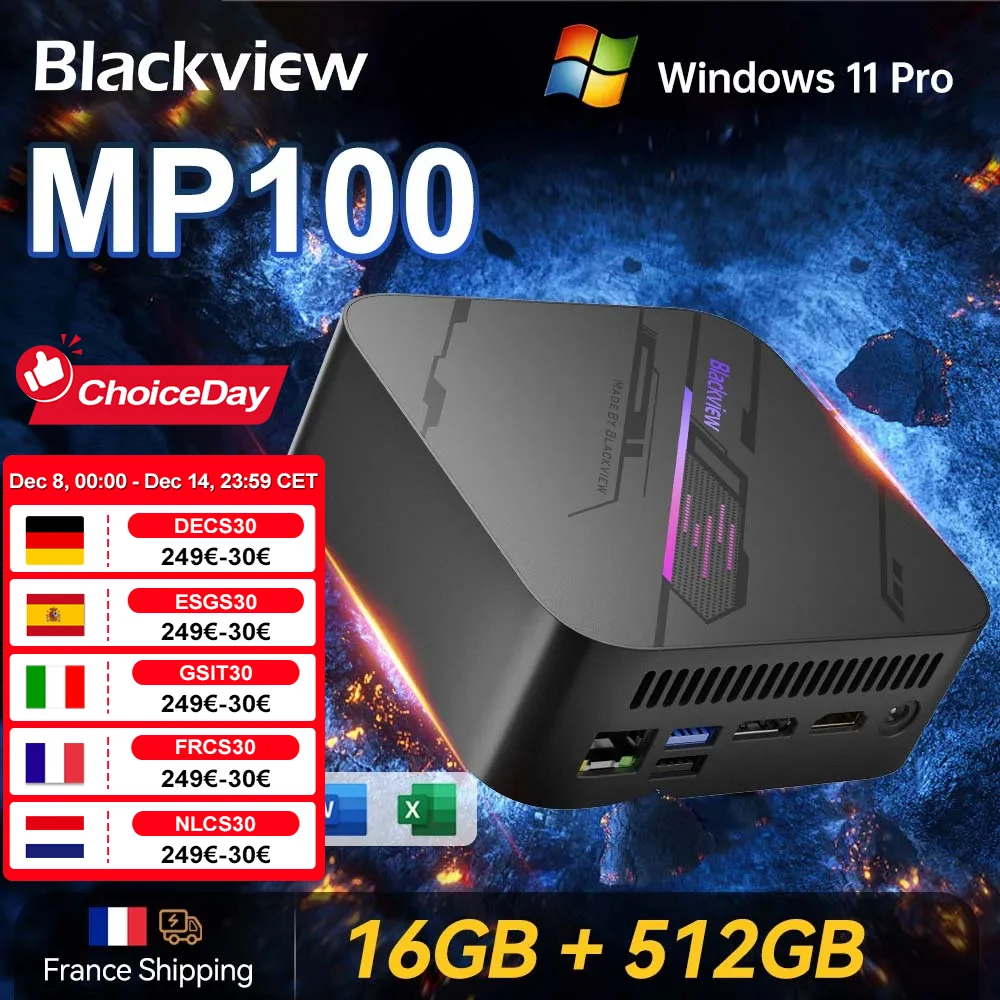 Blackview MP100 Mini PC 7430U 16GB DDR4 512GB SSD WiFi 6 Windows 11 Pro AMD 6 cœurs 12 threads Mini ordinateur BT5.2