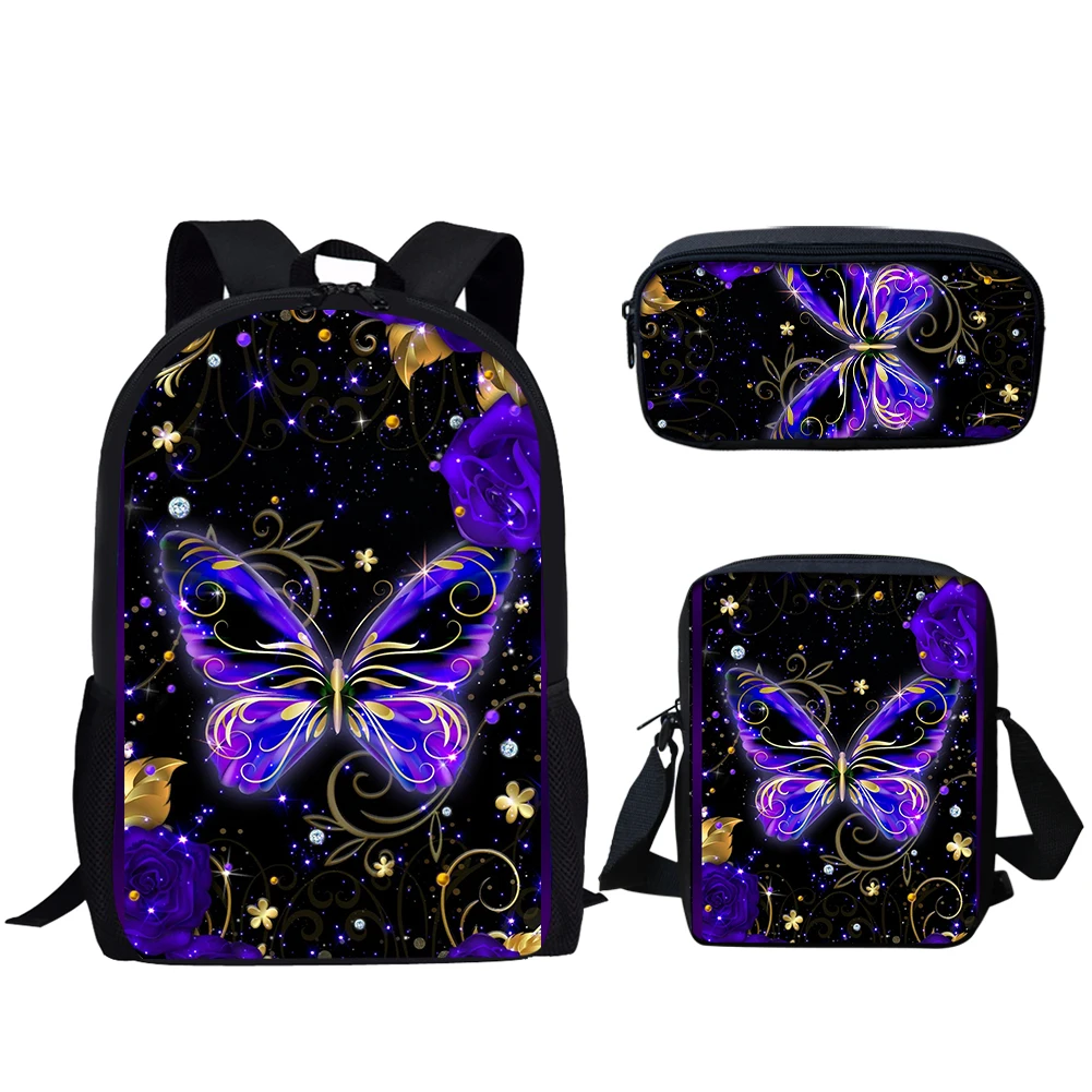 Purple Butterfly Moon Print 3Pcs Student School Bag Lunch Bag Pencil Bag for Teenager Boys Girls Casual Backpack Travel Rucksack