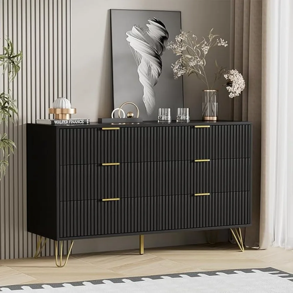 Black dresser, modern dresser for bedroom, 6-drawer dresser, wide drawer and gold handles, drawer locker